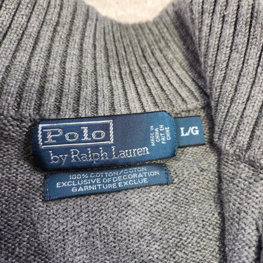 Polo Ralph Lauren Sweater Men Large Gray Heavy Cotton Chunky Knit 1/4 Zip Preppy